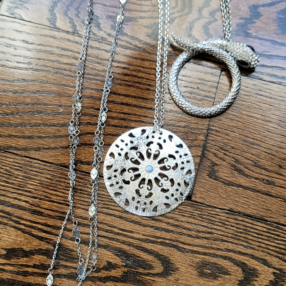 Silver Medallion and Snake Necklaces, Set of 3